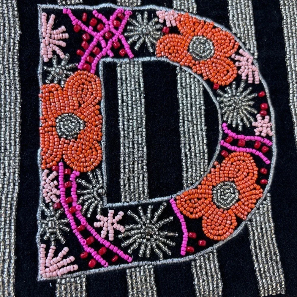 America & Beyond Beaded Initial D‎ Wristlet Clutch Black Velvet Floral Striped